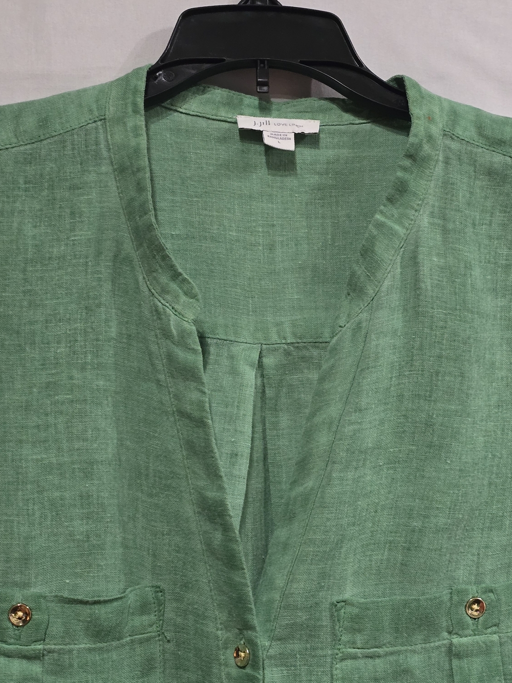 J.Jill Love Linen Garment-Dyed Green Tunic Blouse Band Collar Long-Sleeve L - Picture 5 of 10
